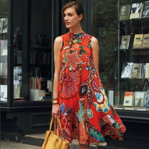 Anthropologie Maeve Larkhill Mockneck Women Orange Floral Sleeveless Swing Dress - Picture 3 of 13